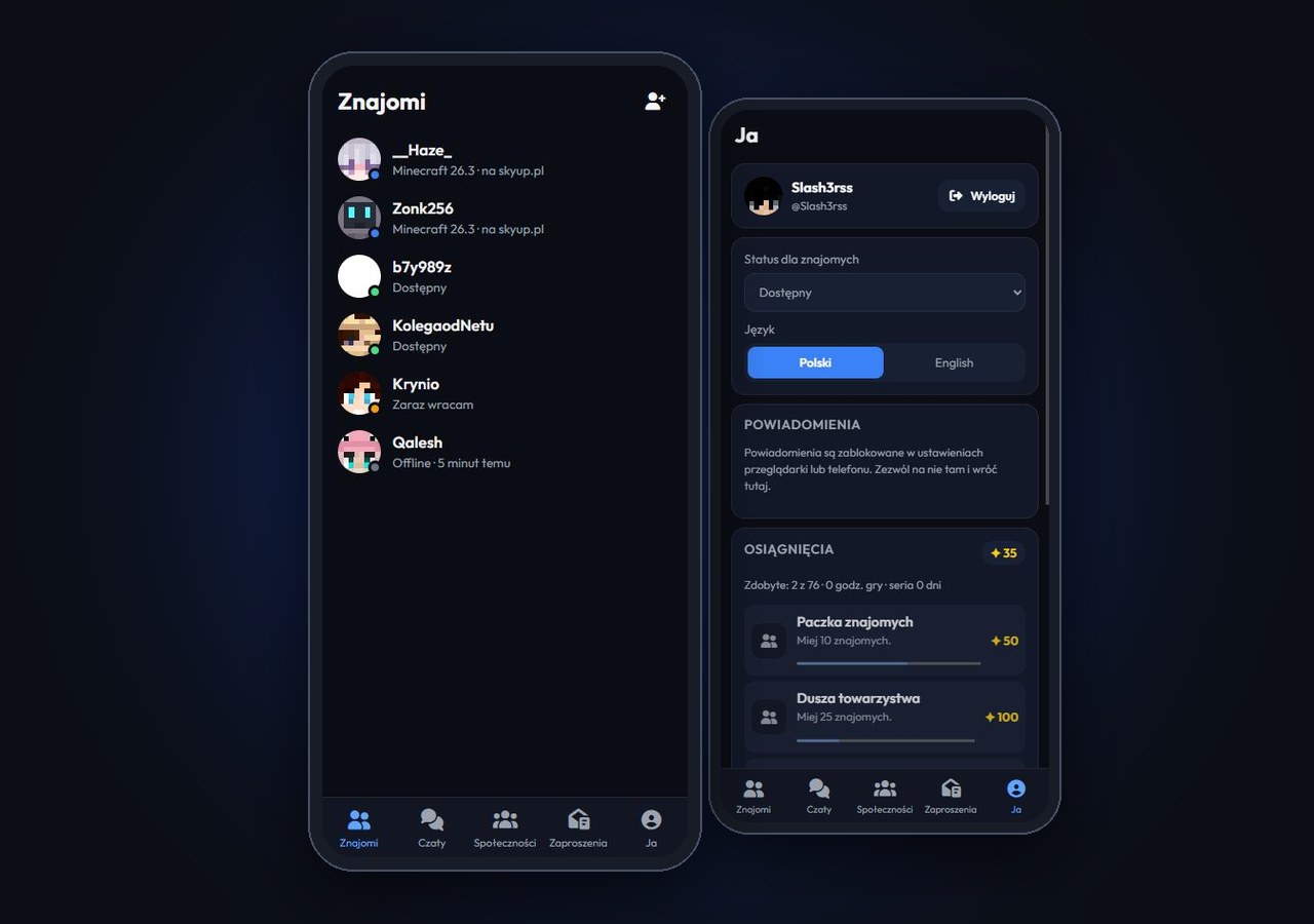 Aplikacja SlashClient na telefonie: znajomi i profil